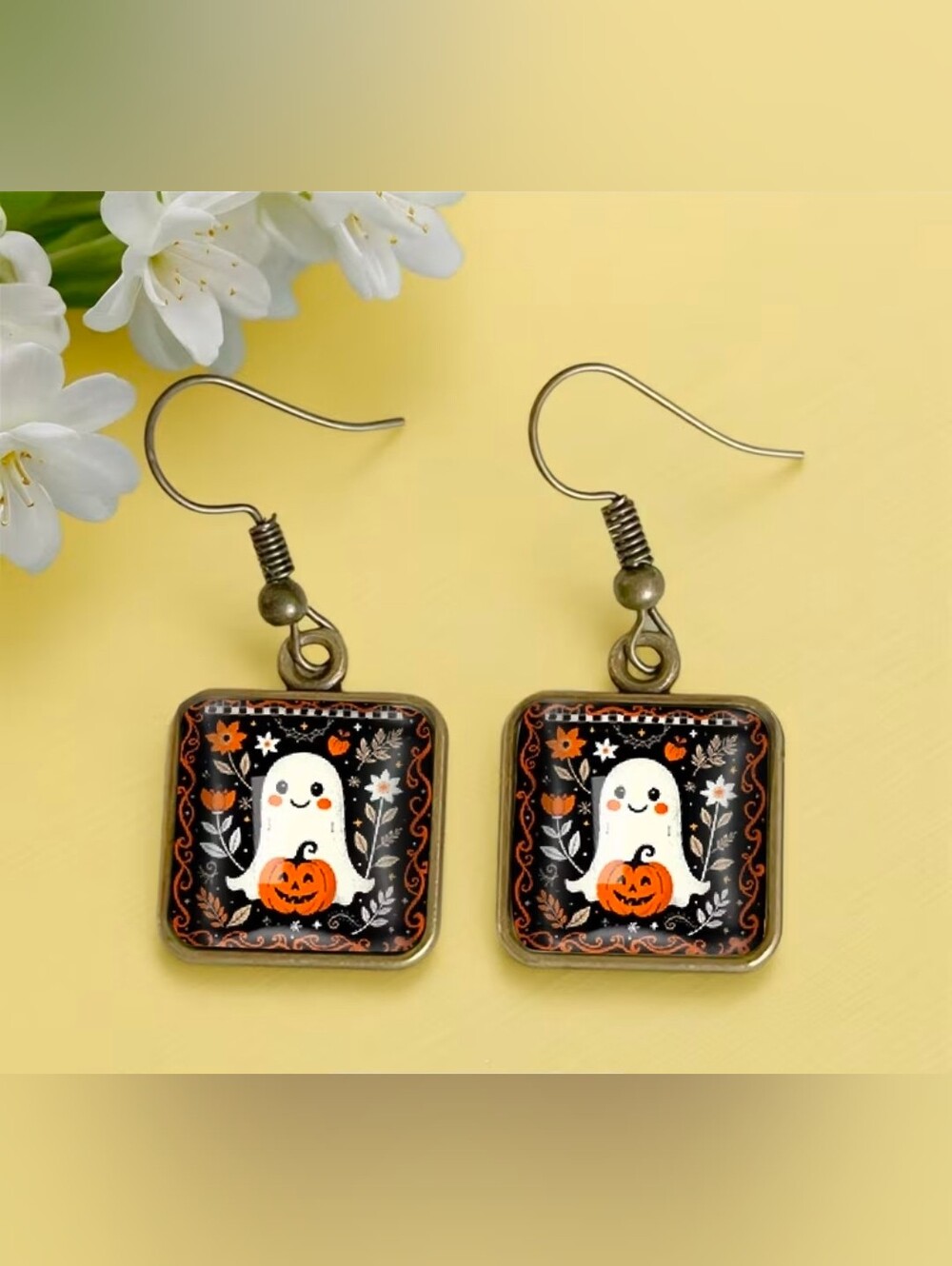 Halloween Ghost and Pumpkin Drop Earrings in Black and Orange